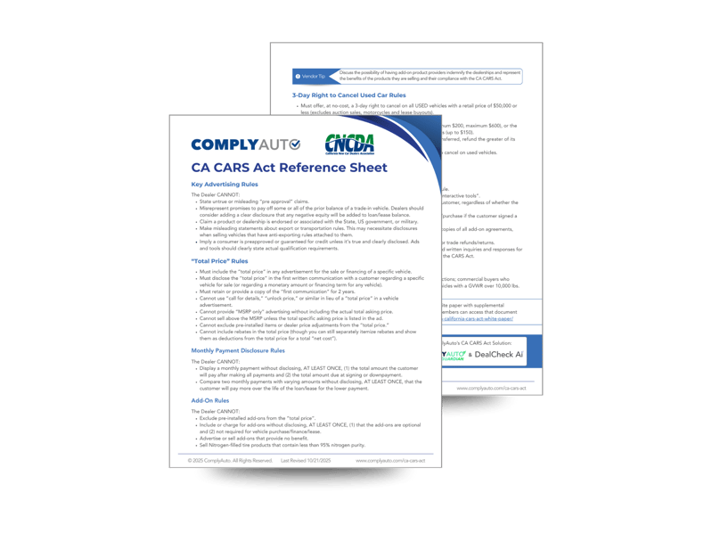 CA CARS Reference Sheet Screenshot
